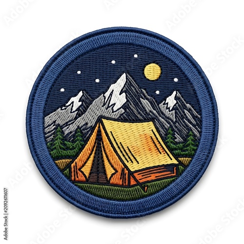 Camping tent patch with mountains and moon at night