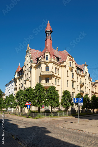 Famous Art Nouveau building on Alberta Street 12 corner in Riga Latvia