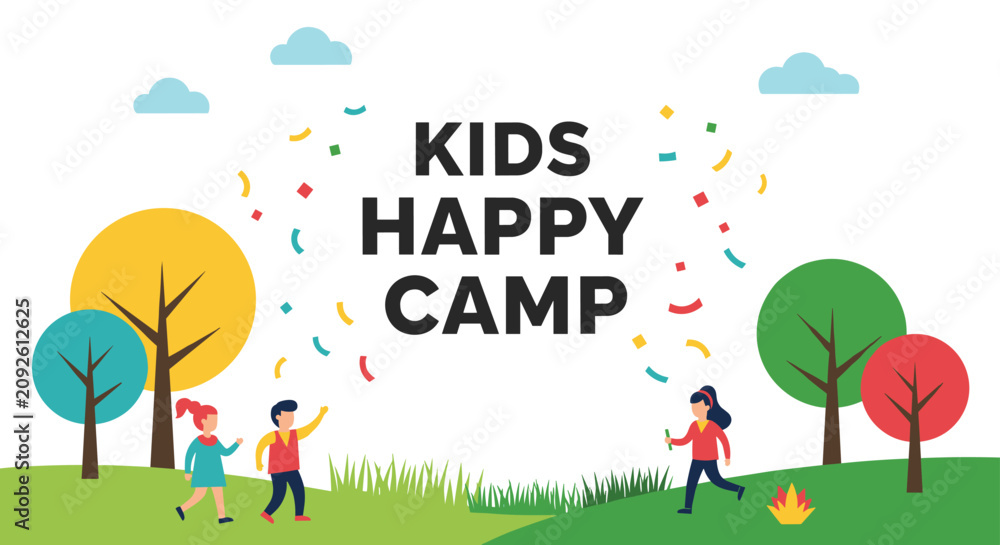 Naklejka premium Colorful banner for kids happy camp featuring children playing outdoors in green park with trees and celebration confetti.