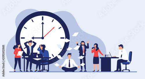 Busy office employees struggling with deadlines and workload around a giant clock representing time pressure and stress.