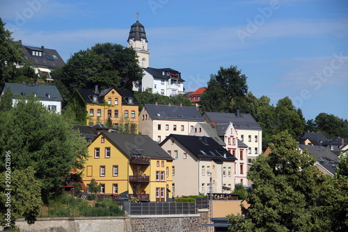 Friedenskirche Aue-Zelle overlooking hillside residential neighborhood in Aue, Erzgebirge, Saxony, Germany