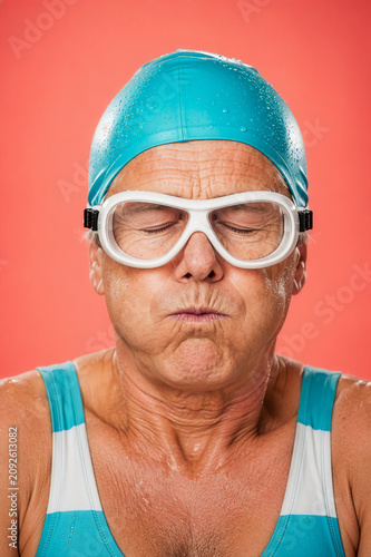 Senior im mit Badehaube und Taucherbrille
