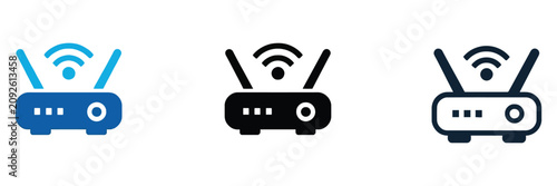 Tableau sur toile WiFi router icons illustrating wireless internet modem devices with antennas in blue, solid silhouette, and thin outline styles for networking, communication, smart home, and tech UI projects