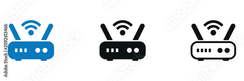 Tableau sur toile WiFi router icons featuring wireless internet modem devices with antennas in dual-tone blue, solid black, and outline styles for technology, networking, and UI vector graphics