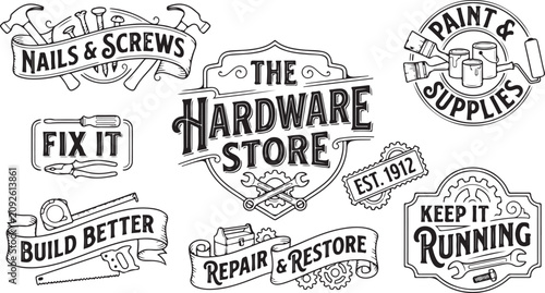 Hardware store signs and labels nails screws fix it build better repair restore keep it running paint supplies.