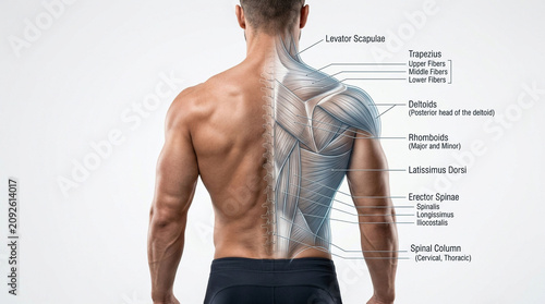 Human back muscle anatomy visualization showing muscle groups with physiology trapezius muscular education structure healthcare strength clinical training exercise