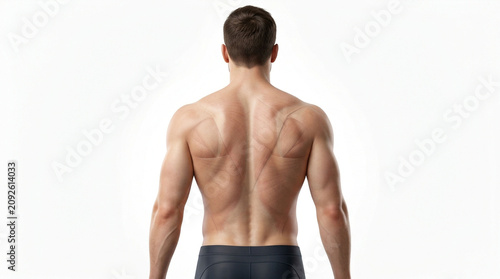 Athletic male back view showing muscular structure with athletic physique strength training muscular exercise wellness shoulders bodybuilding structure