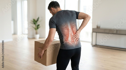 Man holding a heavy box with back pain highlighted discomfort ergonomics physical accident recovery