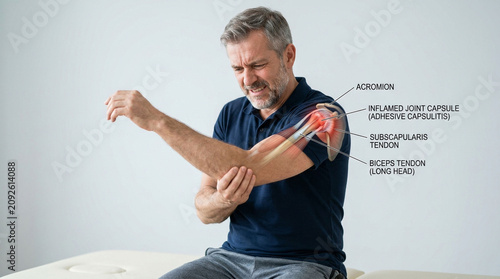 Man experiencing shoulder pain anatomy overlay with shoulder physiotherapy orthopedic healthcare inflammation soreness discomfort physical clinical treatment