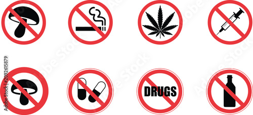 Foto Drug prohibition icon featuring no smoking, no alcohol, no drugs, no pills, addiction warning, and red forbidden symbols, vector illustration