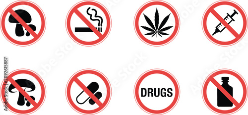 Photos Drug prohibition icon featuring no smoking, no alcohol, no drugs, no pills, addiction warning, and red forbidden symbols, vector illustration