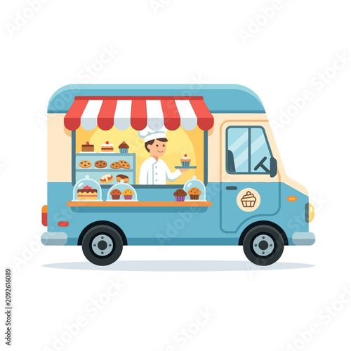 Colorful Food Truck with Chef Inside.