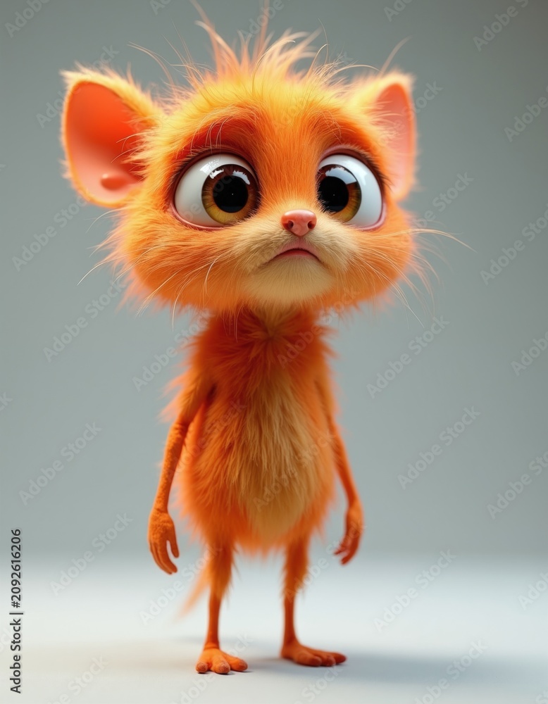 Obraz premium Small orange furry monster with large eyes stands on neutral background. Cute imaginary creature features soft hair, unique facial expression. Adorable cartoon character design for digital art