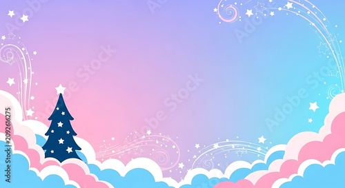 Whimsical christmas tree amongst dreamy pastel clouds