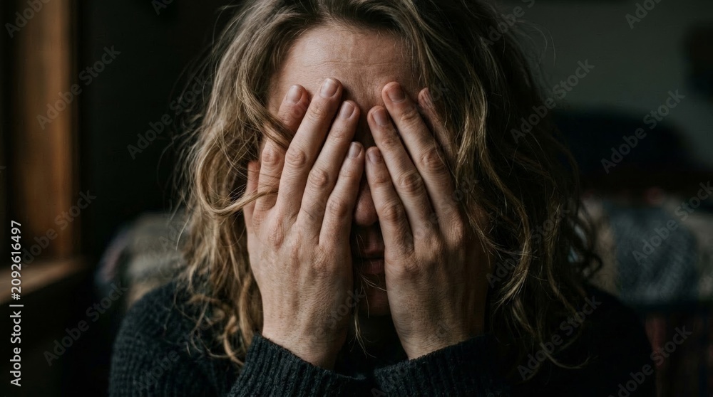 Fototapeta premium A close-up view of a woman with wavy hair pressing her hands against her face, showing signs of exhaustion