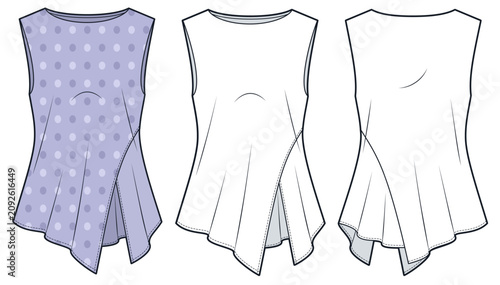 Women Asymmetric Top Fashion Flat Technical Drawing Template, Lavender Polka Dot, Front and Back View with Outline. Blouse CAD Mockup