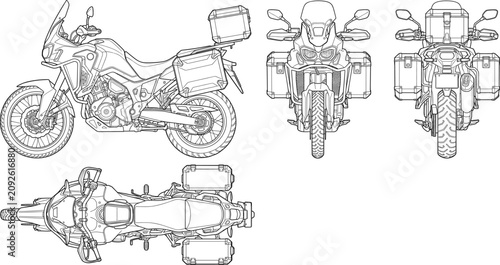 Photos Adventure touring motorcycle technical blueprint drawing showing side, front, re