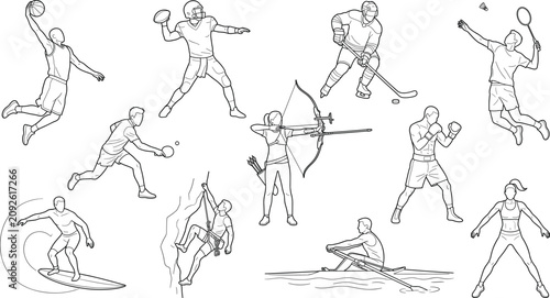 Canvas Print Architectural scale figures of athletes performing different sports line art vec