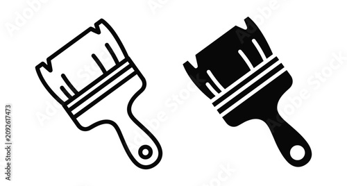 Paint brush icon set with outline and solid silhouette styles for home renovation repair construction art and creative design projects