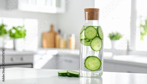 Clear glass bottle filled with refreshing cucumber infused water and slices on a clean kitchen table