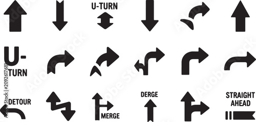 Collection of directional road signs and traffic arrows showing different directions and maneuvers.