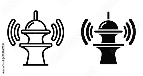 Communication tower icon set showing radio waves signal transmission antenna for telecommunication network broadcast wireless technology satellite station electronic equipment