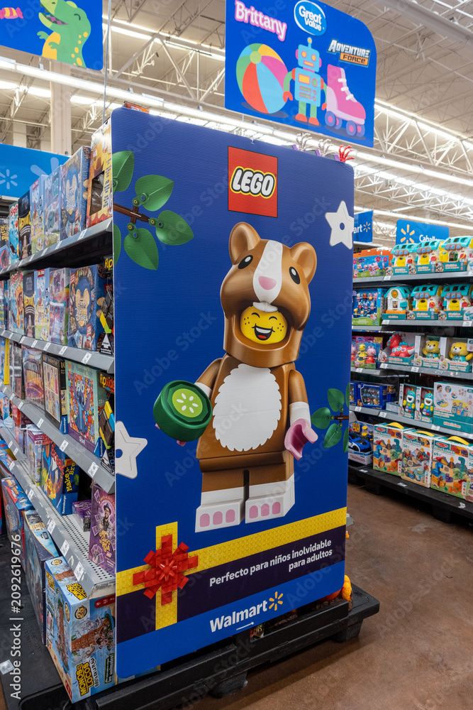 Fototapeta premium Lego advertisement featuring a character, by The Lego Group, on toy aisle racks at a supermarket. Jalisco, Mexico, July 20, 2026.