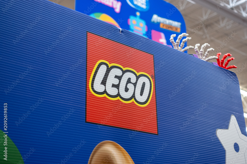 Fototapeta premium Lego logo, owned by The Lego Group, inside the toy section of a supermarket. Jalisco, Mexico, July 20, 2026.