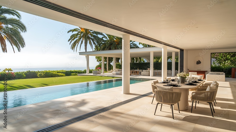 Fototapeta premium Expansive modern patio dining space with infinity pool and palm trees, swimming
