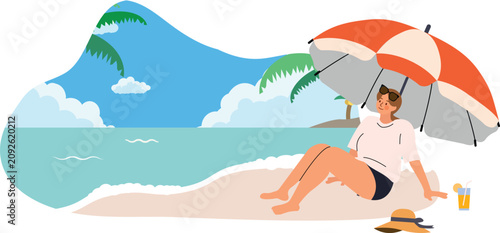 Bild auf Leinwand Woman Relaxing on Beach Under Umbrella Illustration