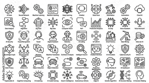 A collection of various technology and science icons are displayed.