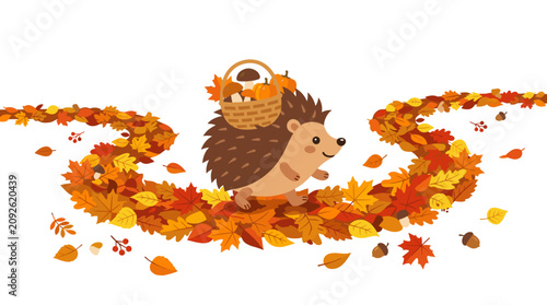 Cute hedgehog carrying a basket of mushrooms and pumpkins on a path of autumn leaves