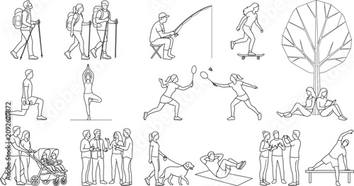 Architectural scale figures of people enjoying leisure, sports, and park activities line art vector illustration collection
