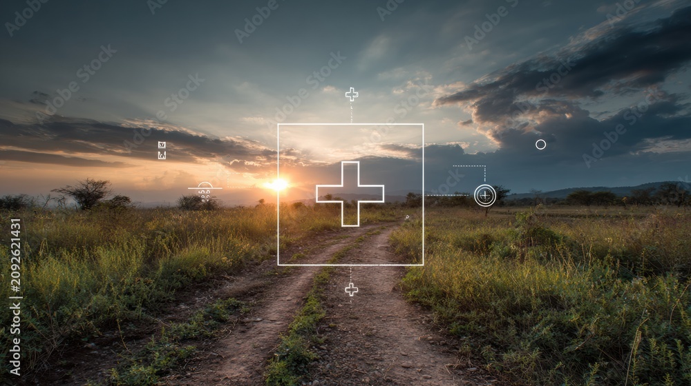 Obraz premium A clean rural landscape has a dramatic sunrise and hints at health risks, emphasizing the need for awareness in environmental health.