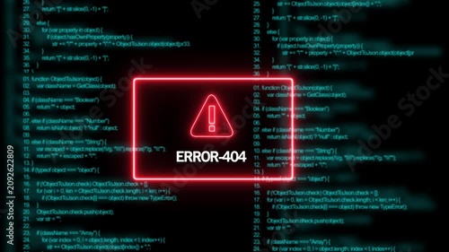 Digital error 404 page not found notification with glowing red neon warning symbol overlaid on scrolling computer programming source code background, for cybersecurity, software, development, and it