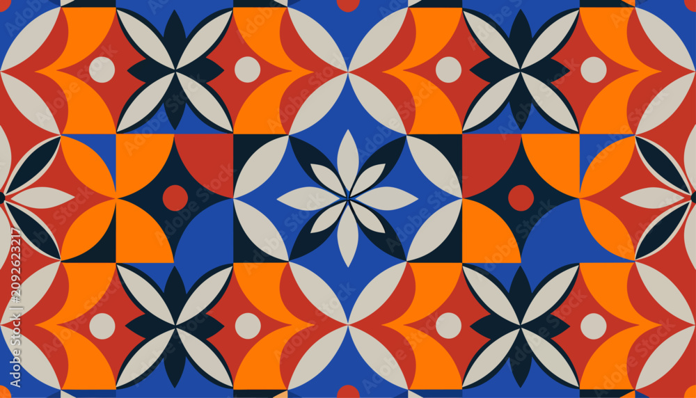 Fototapeta premium Bright geometric floral wallpaper showcasing balanced symmetry and timeless ornamental beauty together.