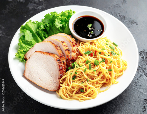 Grilled pork slices with ramen noodles, fresh herbs, and dipping sauce. Asian food. AI