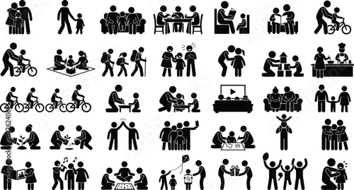 Set of black stick figure icons representing various family activities and daily life moments including playing, learning, parenting, and spending quality time together at home