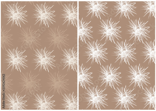 Floral Seamless Pattern Set, Hand Drawn Minimal Starburst Flowers on Neutral Beige Vector Background
