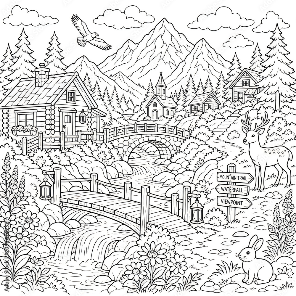 Fototapeta premium Black and white mountain village landscape with bridge and road