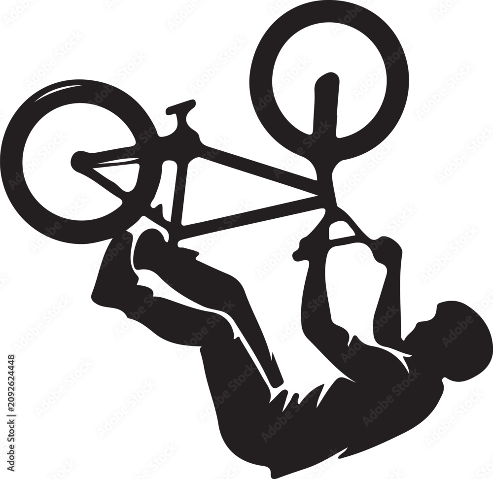 Obraz premium Silhouette of extreme cyclist performing aerial flip trick with bicycle against white background