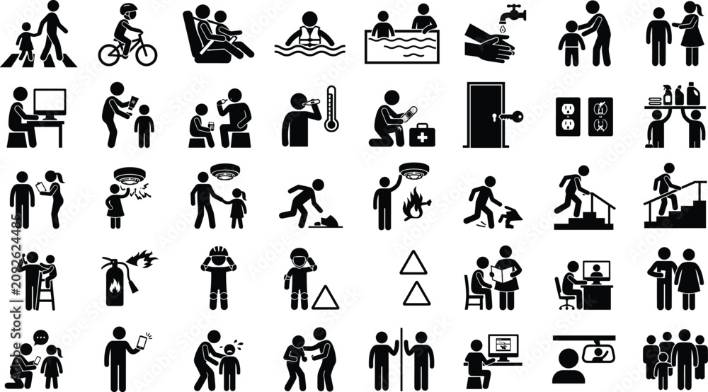 Obraz premium Set of black and white safety and daily life activity icons showing people performing various household tasks and emergency procedures in a simple flat graphical design style