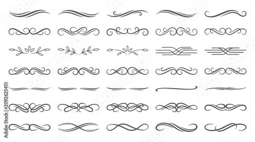 Set of elegant calligraphic flourishes and page dividers for wedding stationery design.