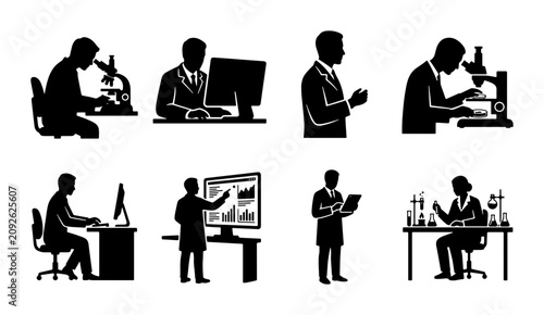 Foto Science Lab Icons, Research Figures, Data Analysis, Scientific Discovery Vector