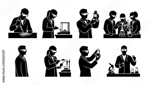 Bild auf Leinwand Science Lab Icons Set: Researchers Conducting Experiments, Chemistry Equipment,