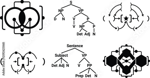 Photography Set of linguistic syntax tree diagrams and abstract logic connection icons for e