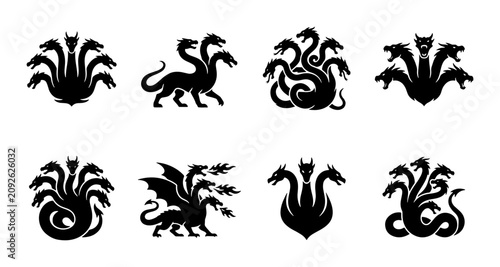 Fotografía Mythical Hydra Icons, Greek Mythology Monsters, Legendary Serpent Creatures, Fan