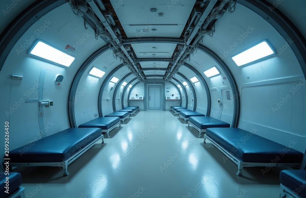 Obraz premium Empty spaceship corridor with rows of blue beds. Futuristic interior with bright lights and sci-fi design elements. Space station habitat walkway with no people inside.