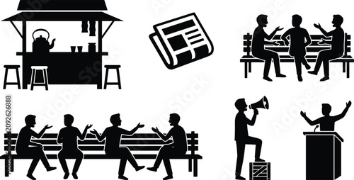 Social gathering and public speaking silhouettes with people on benches and street stall