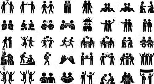 Set of black stick figure icons showing two people in various friendship and partnership activities like talking sitting helping hugging and celebrating together as a group